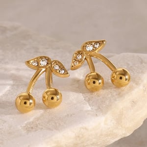 1 Pair Fashionable Sweet Style Cherry Shape Stainless Steel  Gold Color Inlay Zircon Women's Stud Earrings h5 